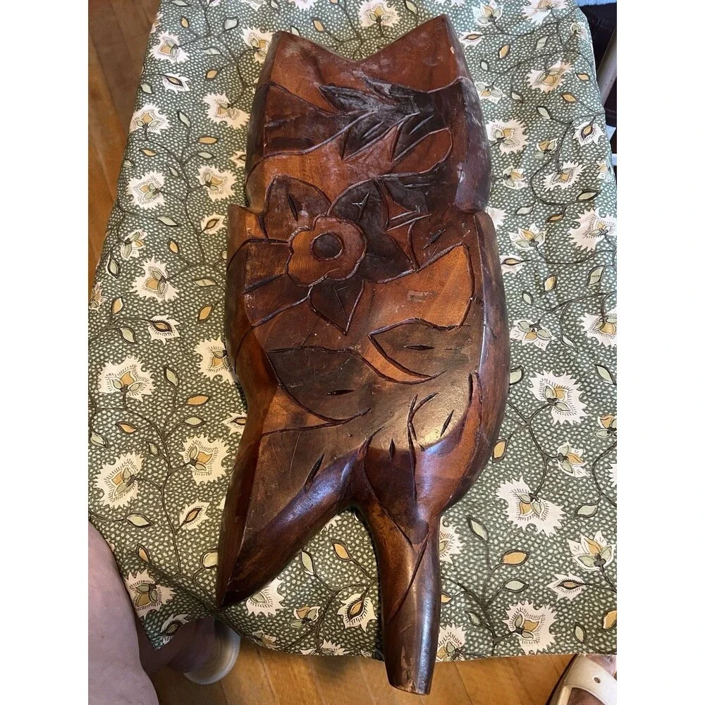 Hand Carved Wood Floral 6-Compartment Serving Tray, Brown Rustic 22 in